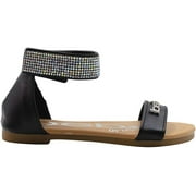 Angle View: bebe Girls' Big Kid Slip-On Sandals with Rhinestone Ankle Straps, Open-Toe Flat Fashion Summer Shoes Black