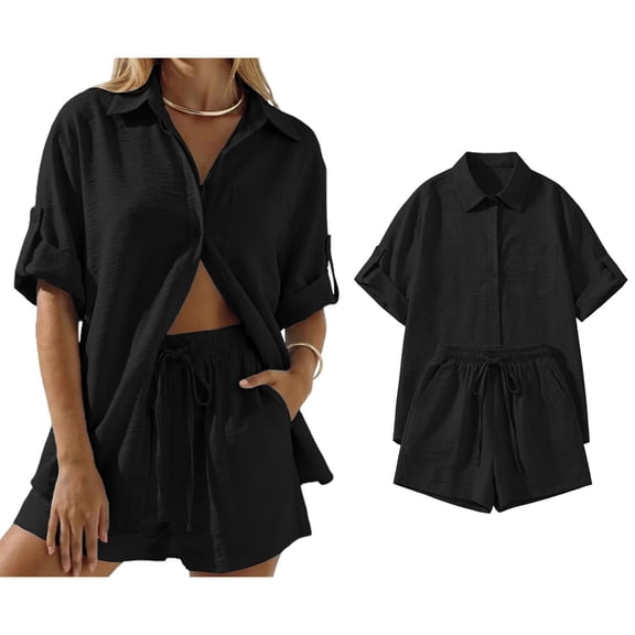 Short Set 2 Piece Outfits for Women Button Up Shirts and Shorts Womens Summer Outfits Trendy Womens Clothes