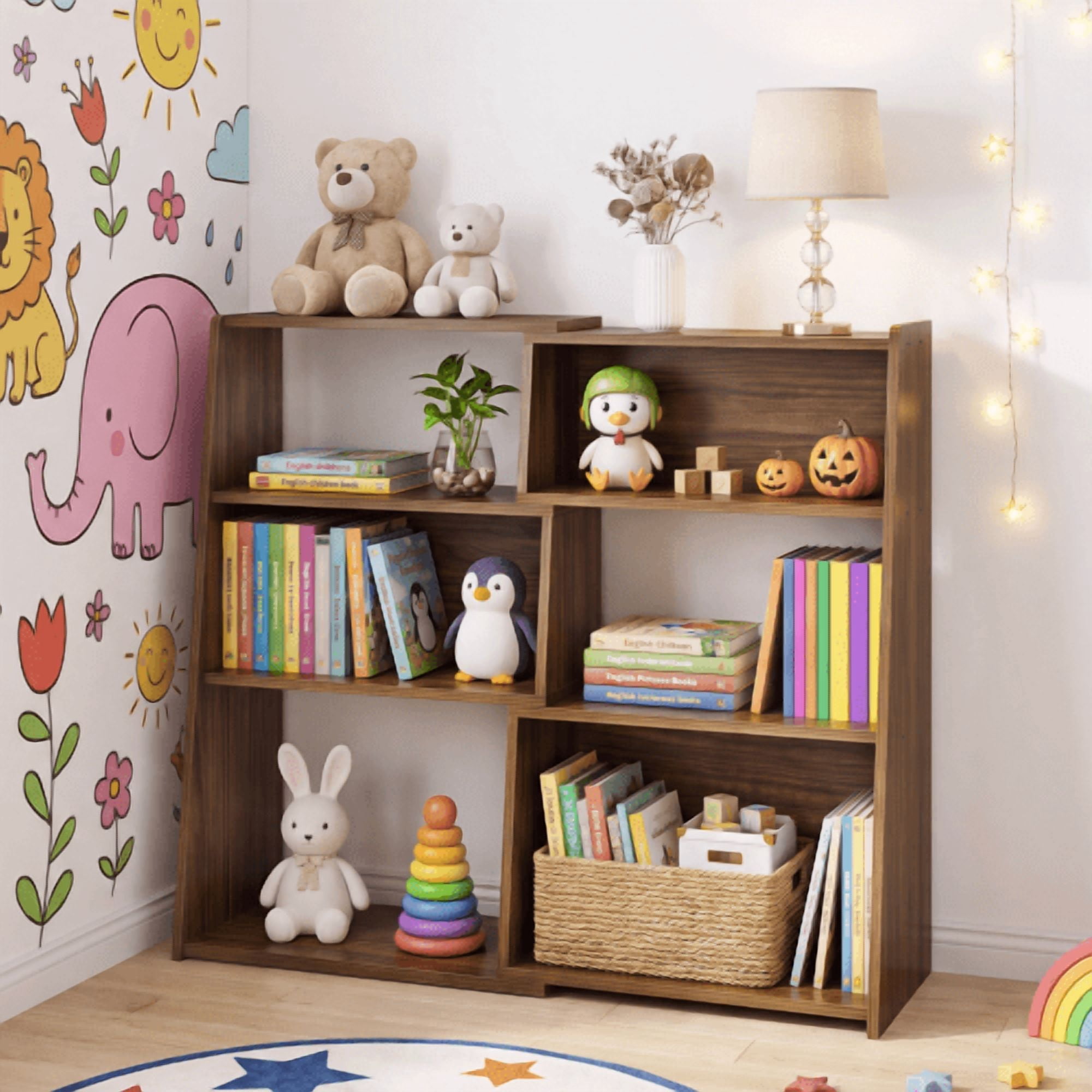3-in-1 Convertible Extendable Ladder Bookshelf, 3-Tier Walnut Wood Bookcase with 6 Open Cubbies, Space-Saving Corner Shelf for Living Room, Study, Bedroom