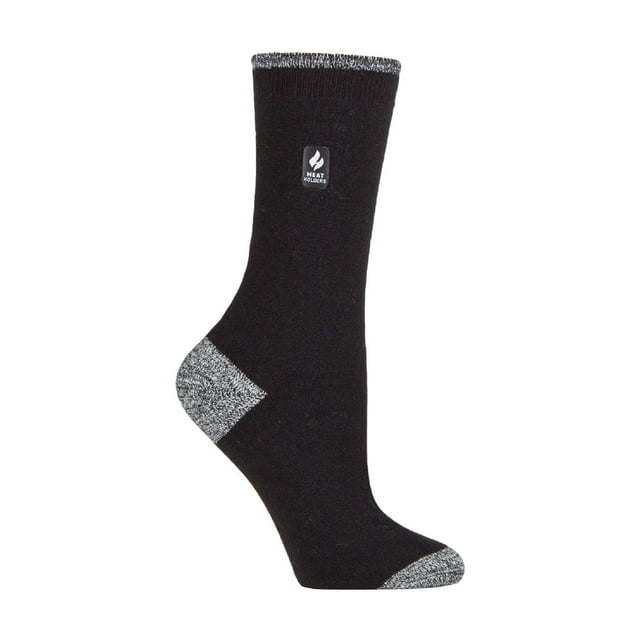 Heat Holders - Ladies Ultra Lite Thermal Brushed Inner Yarn Design Socks in black with contrasting grey heel, toe, and cuff. These women's thermal socks feature a 1.0 TOG rating for warmth and comfort, advanced Japanese-designed thermal yarn for insulation, and a patented long-looped cushion pile for retaining heat. Designed for casual shoes, they provide all-day comfort and are available in women's sizes 4-8 UK, 37-42 EU, 5-9 US.