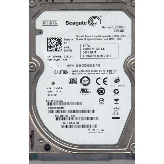 ST9320325AS, 6VD, SU, PN 9HH13E-036, FW D005DEM1, Seagate 320GB SATA 2.5 Hard Drive