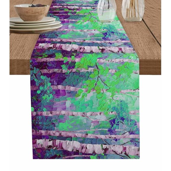 Modern Oil Painting Table Runner Cotton Linen 36 Inch Holiday Dresser Scarves, Summer Botanical Purple Green Tablerunner for Kitchen Coffee Dining Bedroom Living Room Dinner Scarf Décor 13''x36''
