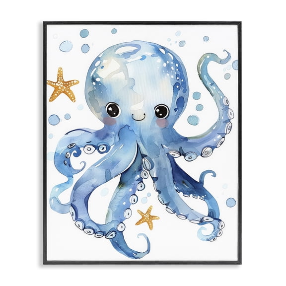 Stupell Industries Happy Smile Octopus Animals Painting Black Framed Art Print Wall Art, 11 x 14