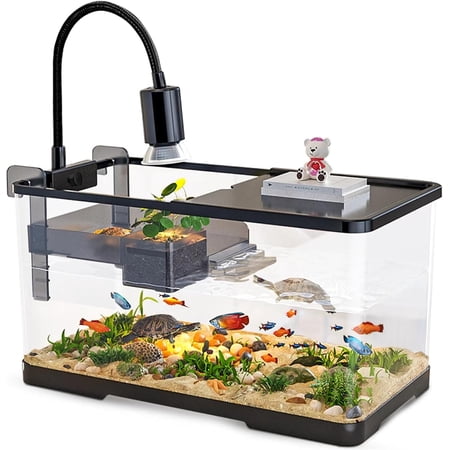 (Tank + Light + Filter Balls) Turtle Tank Kit, Turtle Tank Starter Kit,Bottom Drainage, Multi-Function Areas for Turtles, Crabs,Fishes, Amphibians,Reptiles. (11.81 × 7.88 × 7.88 Inch)