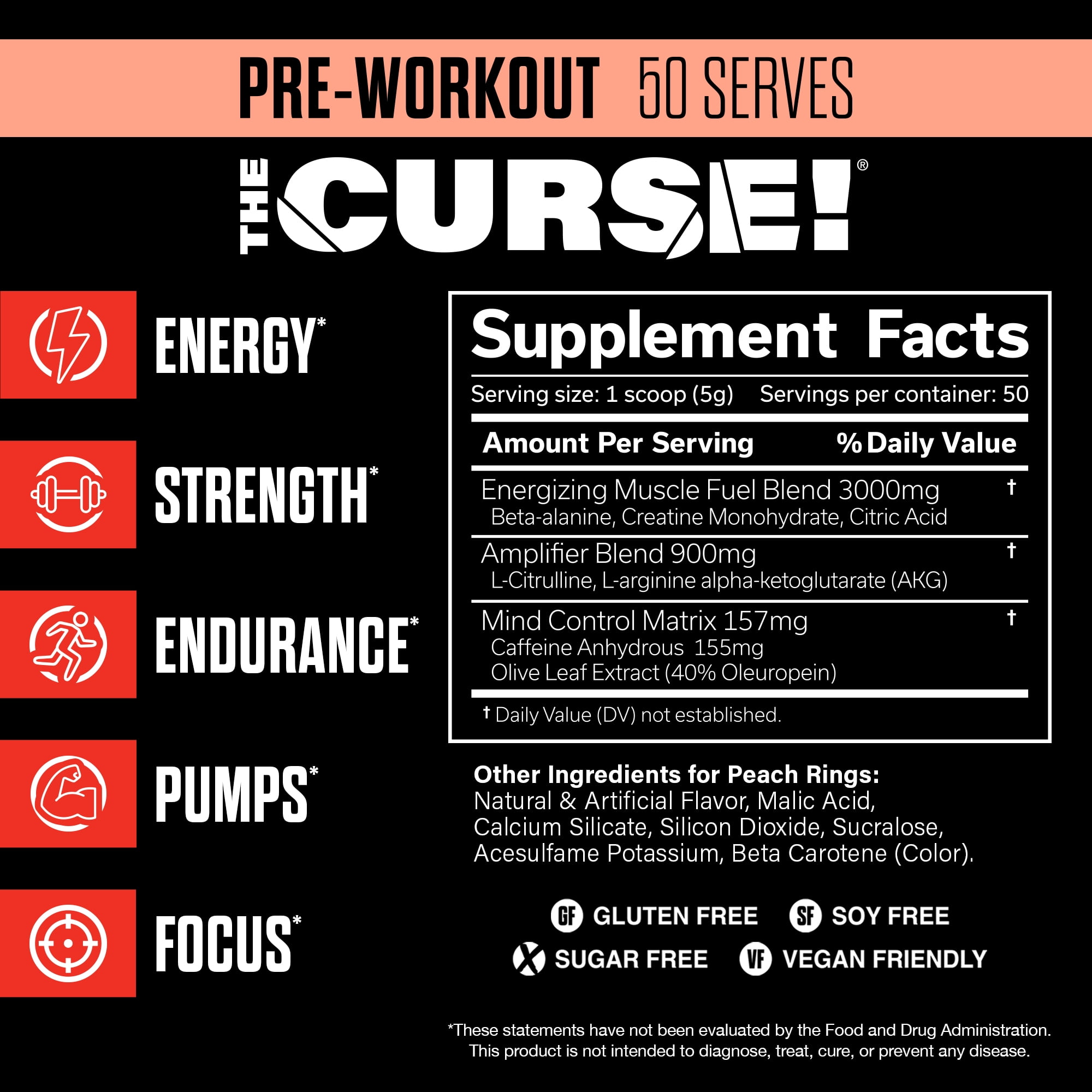 JNX Sports® The Curse Pre Workout Powder Peach Rings Pre Workout Mix for Energy and Focus, 50 Serves