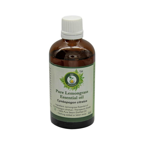 R V Essential Pure Lemongrass Essential Oil 100ml (3.38oz)- Cymbopogon Citratus (100% Pure and Natural Steam Distilled)