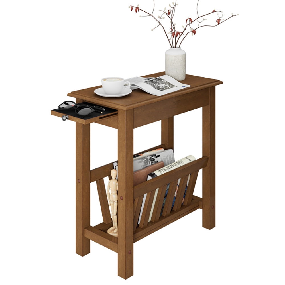 Finihen End Side Table, Sofa Side Table, Bed Side Table, 2-Tier End Table with Pull-out Tray and Solid Rubber Wood Legs, for Living Room, Bedroom, Natural Finihen End Side Table, Sofa Side Table, Bed Side Table, 2-Tier End Table with Pull-out Tray and Solid Rubber Wood Legs, for Living Room, Bedroom, Natural