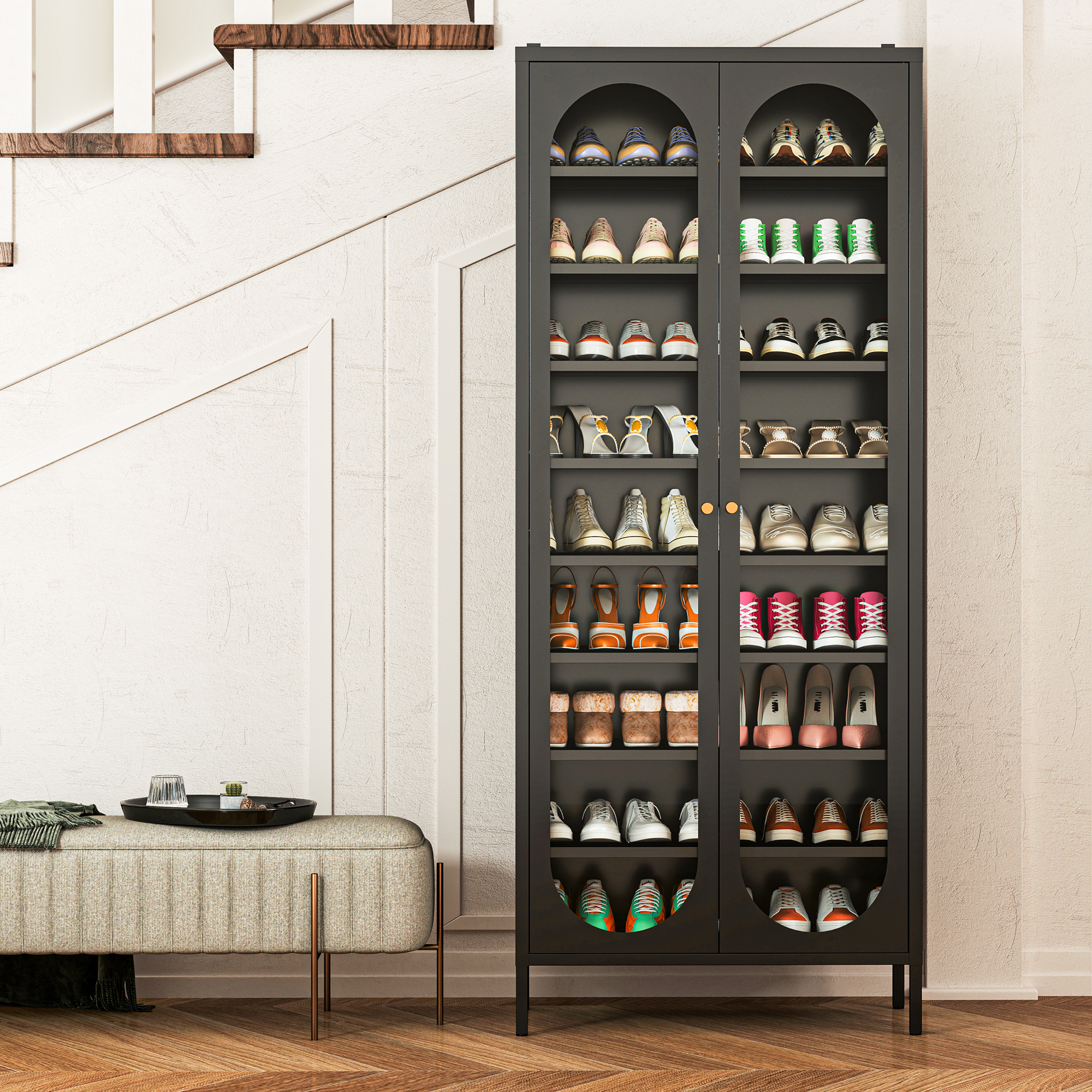 ANMINY 9-Tier Tall Shoe Storage Cabinet 67"H Shoe Cabinet with Glass Doors 9-Tier Shoe Organizer Rack with 8 Adjustable Shelves Max. Store 27-36 Pairs for Entryway Hallway Cloakroom Living Room, Black