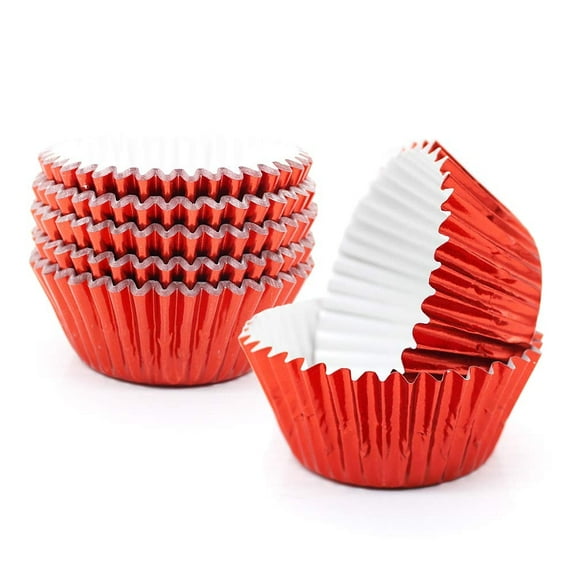 Standard Size Red Foil Cupcake Wrappers, 100 Pack Metallic Muffin Liners, Baking Cups for Party Decor Holiday Birthday Desserts, Red