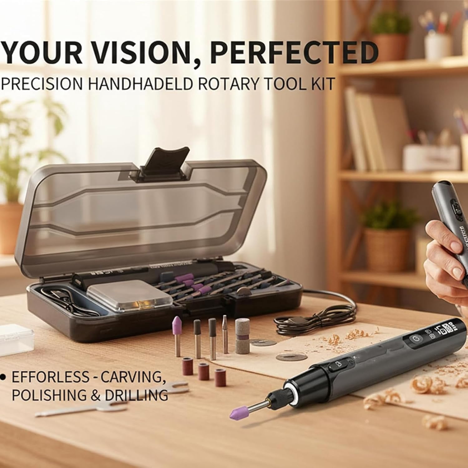 Mini Electric Rotary Tool Set with LED Light & Digital Display, Engraving Kit, 6-Speed Engraving Pen for Wood Carving, Glass Etching, Sanding, Small DIY Hobby Hand Tool (Gray)