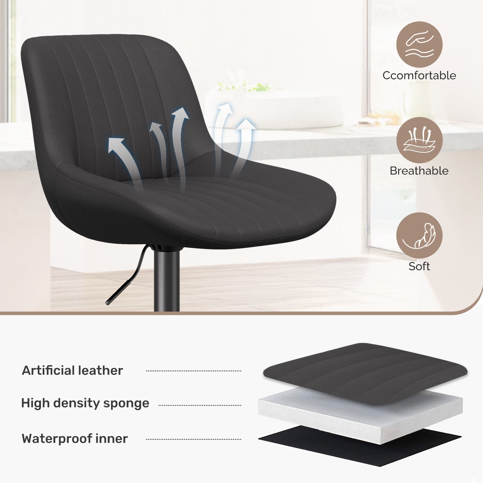 Daluvenix Adjustable Bar Stools Set of 4, Swivel Kitchen Bar Chairs with Back, Modern Tech Fabric Island Chairs for Home Kitchen, Black