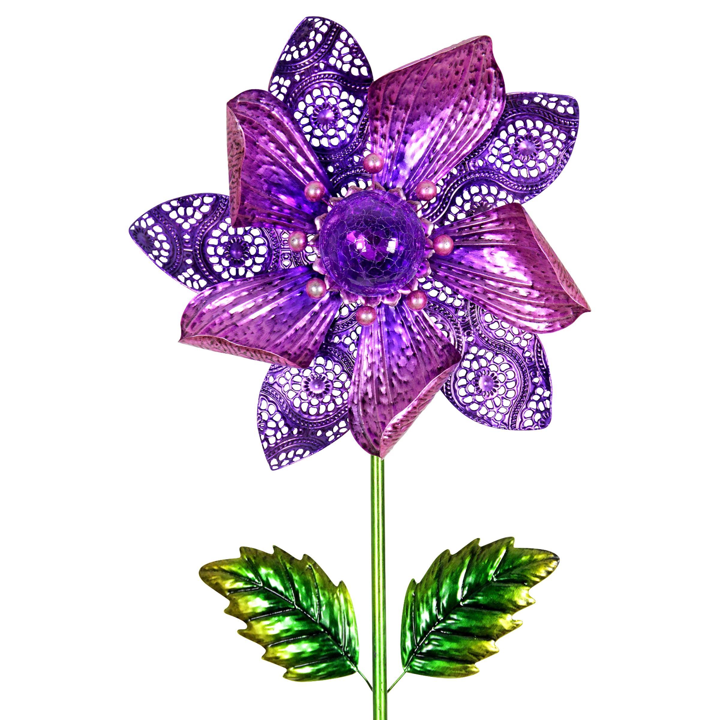 Exhart Purple Solar Flower Wind Spinner Garden Stake, with Solid and Metal Lace Petals, 16 by 58
