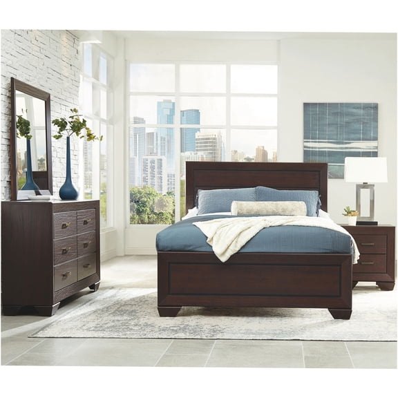 JERFIT 4-Piece Queen Bedroom Set in Dark Cocoa, Transitional Style Engineered Wood Bed Frame, Dresser, Mirror & Nightstand