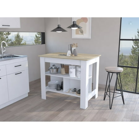 Modern Multicolor Engineered Wood Kitchen Island Antibacterial Film on Table Kills Germs Wide Surface for Meal Arrangement Three Shelves for Utensils and Kitchen Towels Fits Kitchen Areas