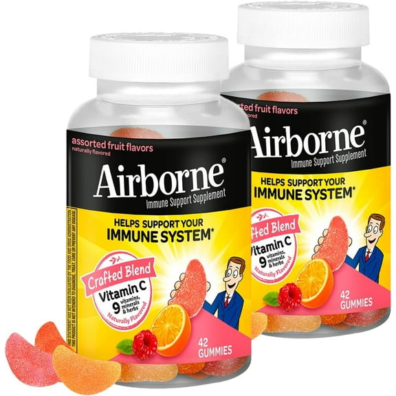 Airborne 750mg Vitamin C Immune Support Supplement Gummies for Adults, Assorted Fruit Flavor, Gluten Free Crafted Blend with Powerful Antioxidants Vitamins A C & E, 42 Gummies (2 Pack)