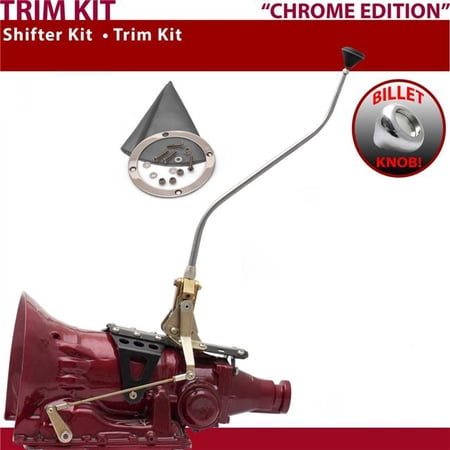 American Shifter TH200 Shifter Kit Chrome 23 in. Swan Trim Kit Push Button Gray Boot Billet Knob for F69CB