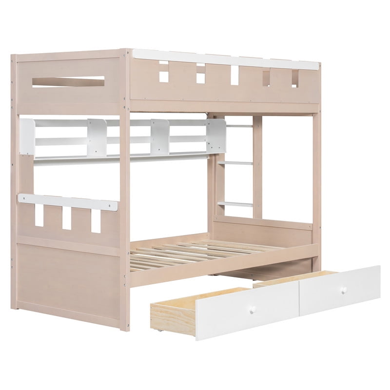 Twin Size Castle-Designed Kids's Bunk Bed with Built-in Ladder & LED Strip, Storage Wooden Bed Frame with 2 Drawers & Shelves