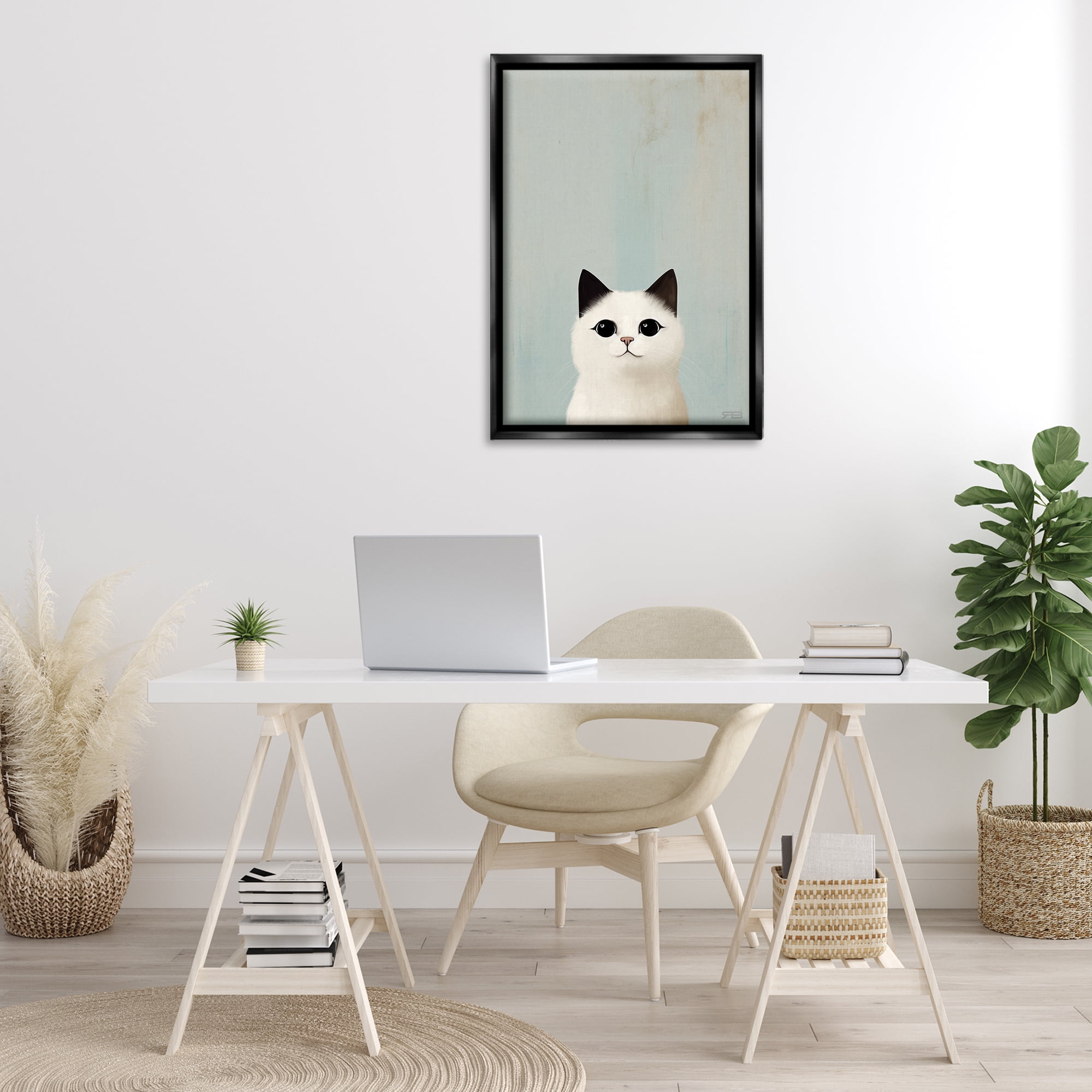 Stupell Industries Peeking White Kitten Animals & Insects Painting Black Floater Framed Canvas Art Print Wall Art, 21 x 31