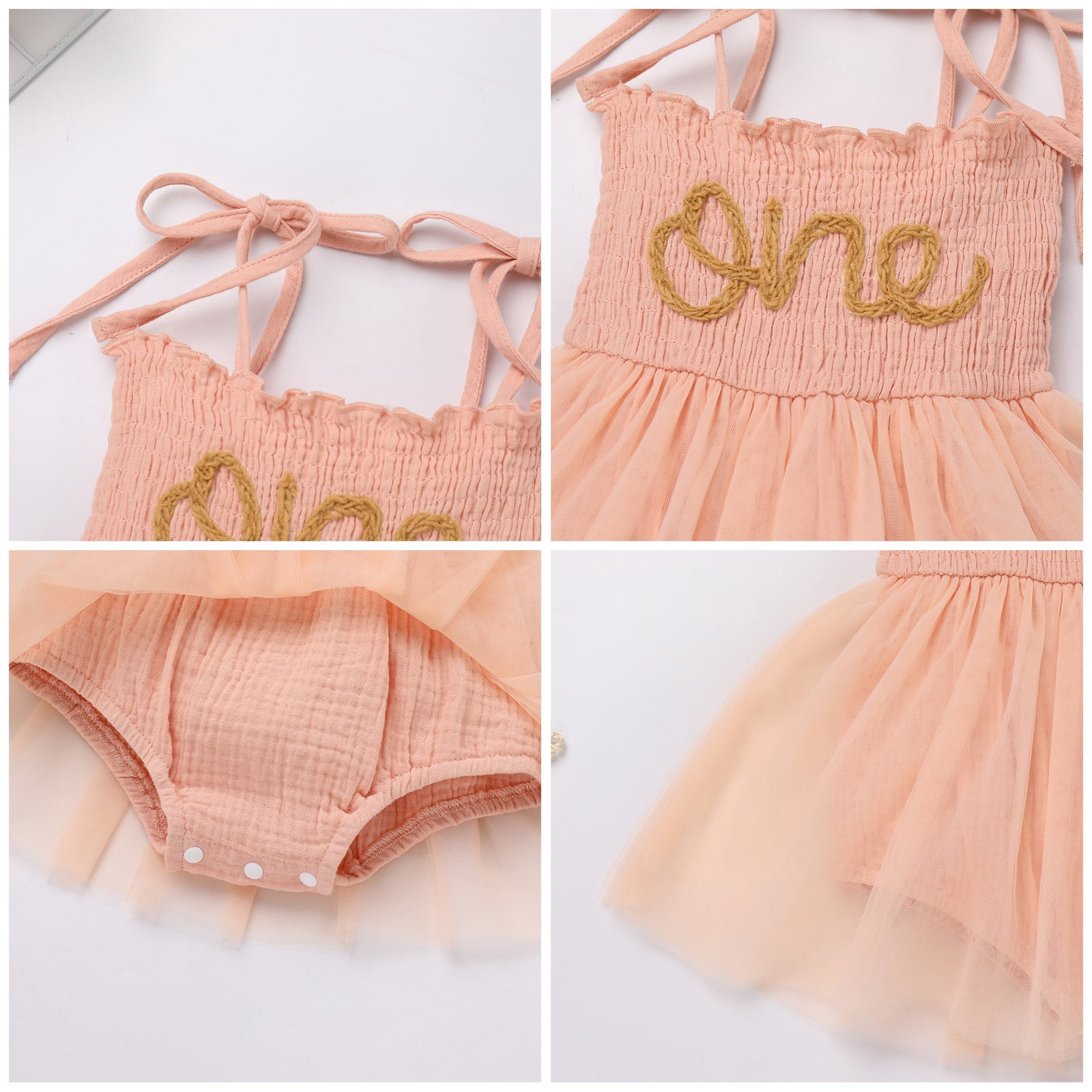 IDOPIP Baby Girls 1st Birthday Outfit Spaghetti Straps Romper Dress with Headband Cake Smash Outfit