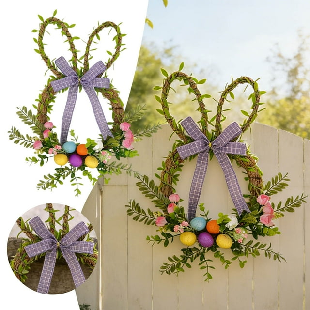 ERK Easter Decor Easter Wreath For Front Door Handmade Floral Arrangement With Ribbon Bow Decorative Home
