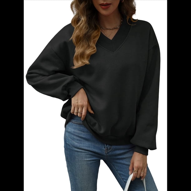 Sudadera con Capucha para Mujer, de Gran Tamaño, con Cuello en V, Informal, Cómoda, Básica, Moda de Otoño 2025. Negro S