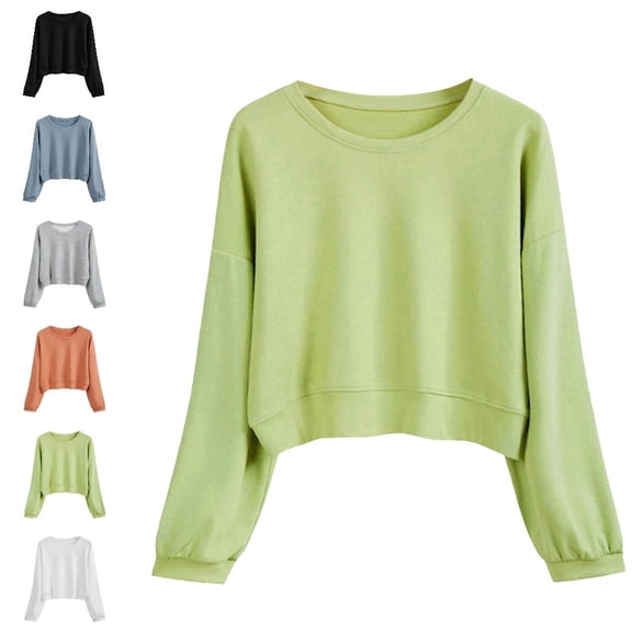 Bmisegm Womens Crewneck Sweatshirt Crop Design Long Sleeve Loose Drop Shoulder Solid Color Sweatshirt for Women