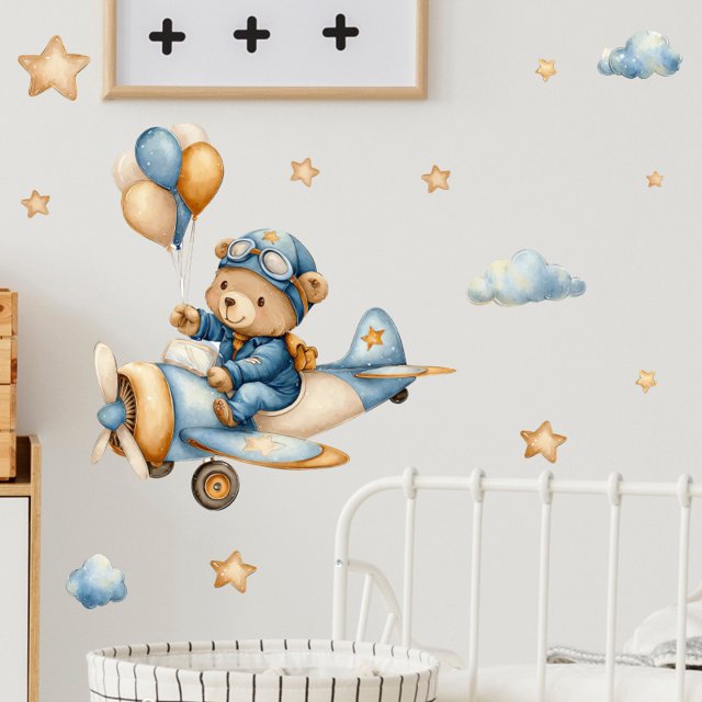 Adhesivos de pared con dibujos animados, oso, avión con estrellas y nubes