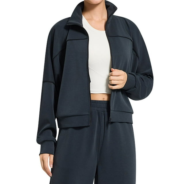 Chaqueta Deportiva de Larga con Solapa y Cremallera para Mujer, Ideal para Otoño e Invierno Chaqueta Holgada para Yoga Al Aire Libre Negro XXL