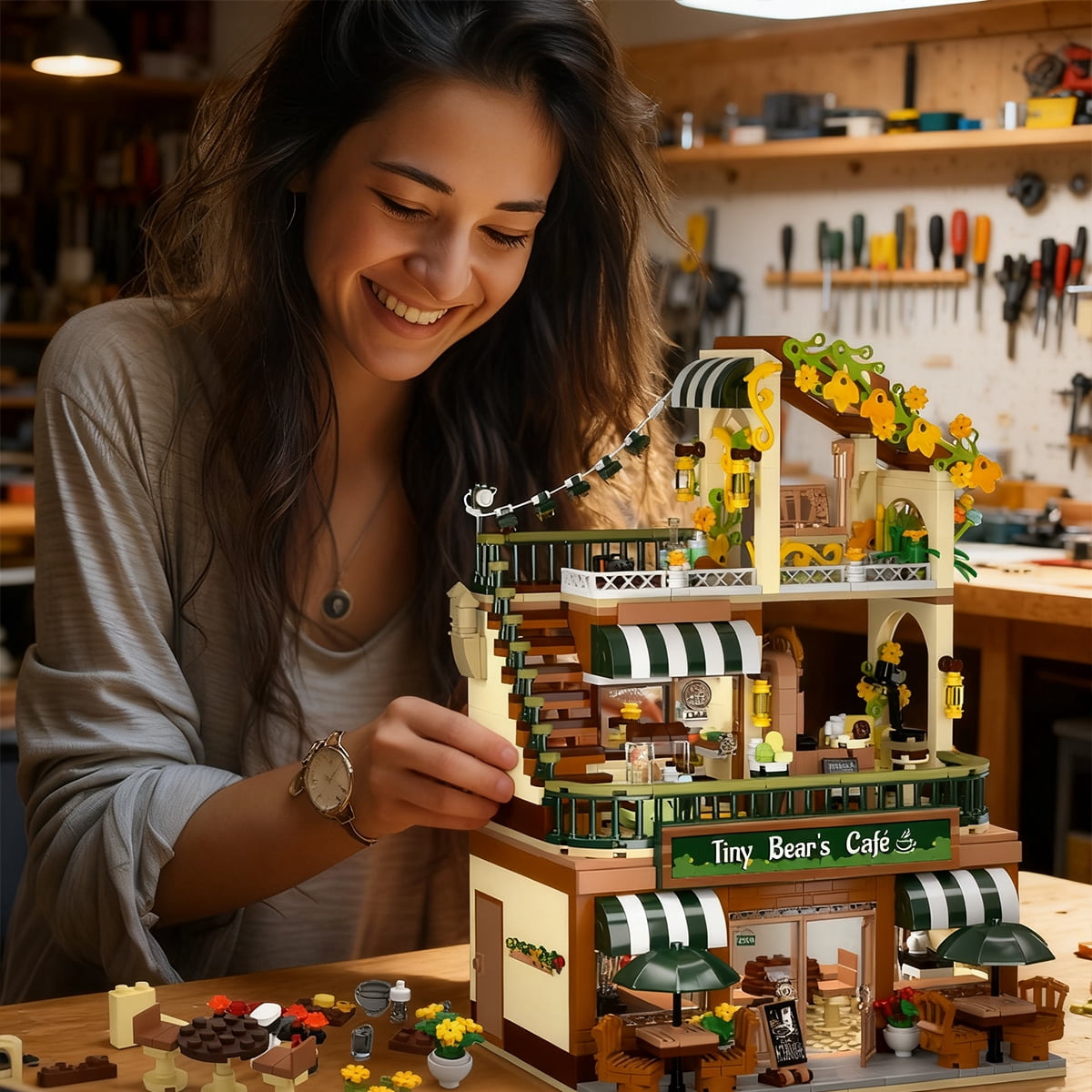 Insoon City Coffee House Building Set with Light, 1173 PCS Cafe Shop Building Block Toy for Adults Teens Kids Ages 6-12+
