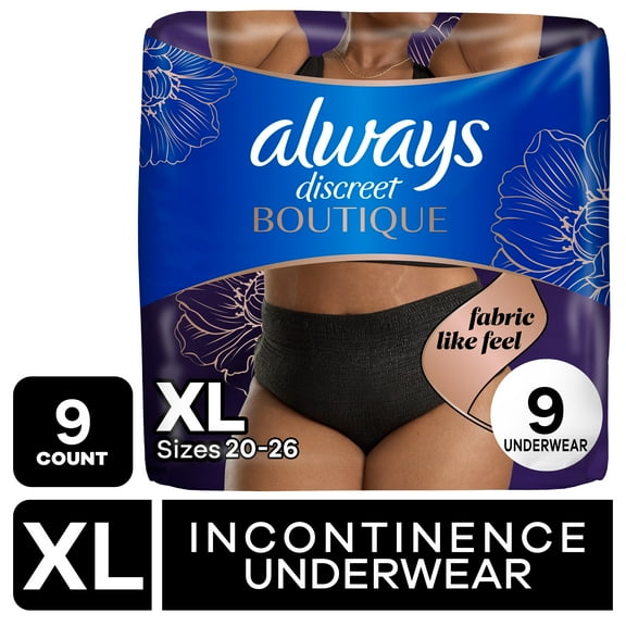Always Discreet Boutique Incontinence Underwear, Maximum Protection, XL, Black, 9 Count