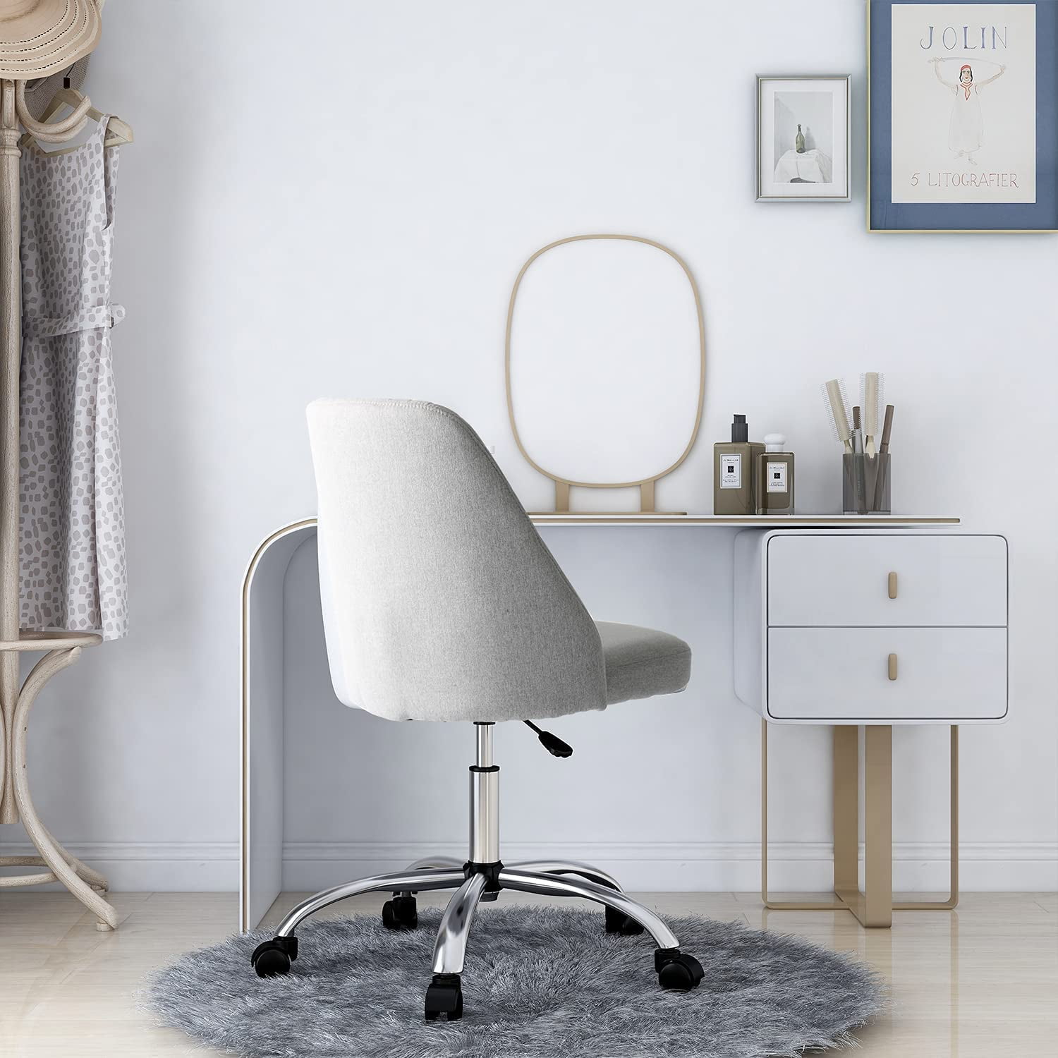 edx Vanity Chair, Armless Desk Chair with Wheels, Adjustable Swivel Fabric Makeup Chair, Comfortable Home Office Task Computer Chair, Gray
