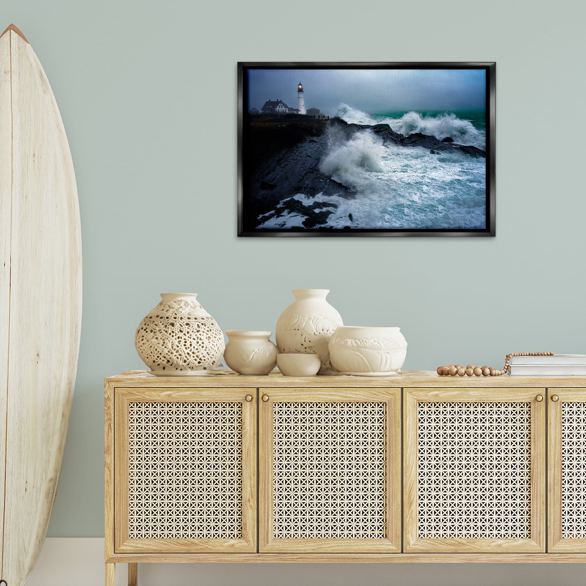 Stupell Industries Splashing Waters with Lighthouse Nautical & Beach Photography Black Floater Framed Canvas Art Print Wall Art, 31 x 21