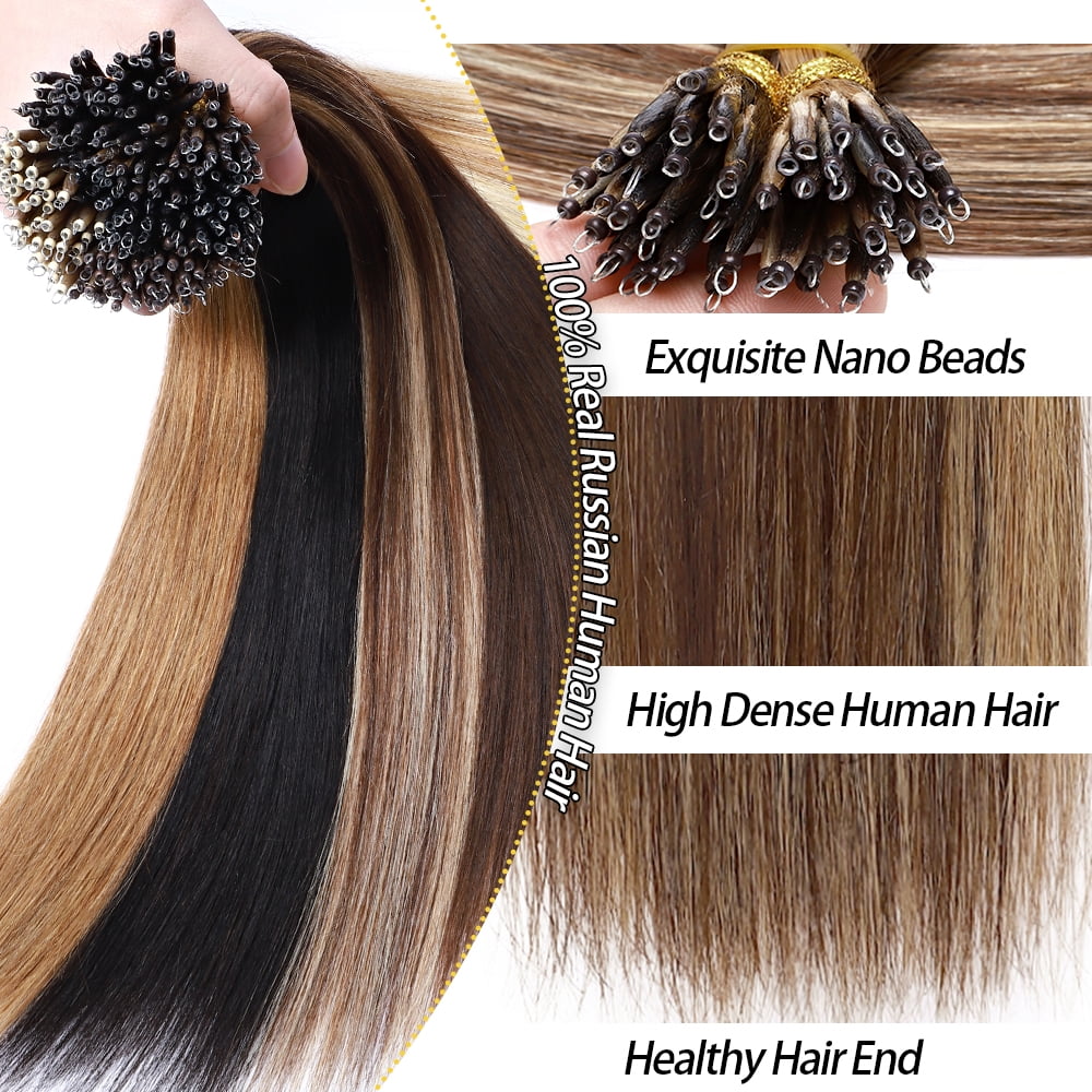 SEGO Nano Ring Beads Tip Hair Extensions 100% Human Hair Nano Ring Remy Hair Extensions Real Human Hair Cold Fusion Nano Hair Extensions Any Color Nano Loop Extensions 50G-150G Thick Full Head
