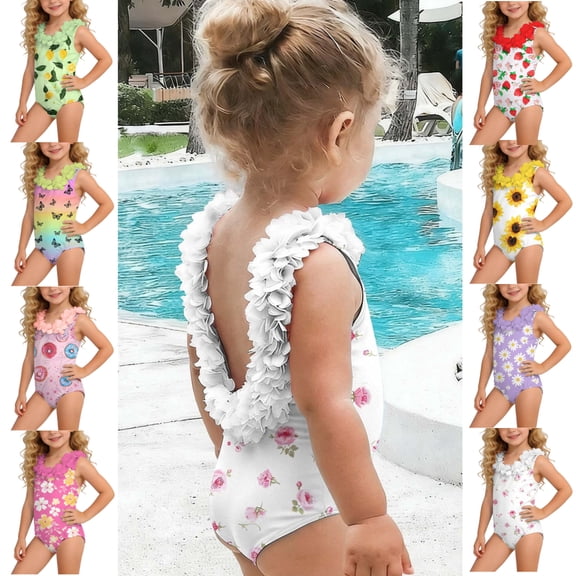 LEKWK Girls One Piece Swimsuits Quick Dry Comfy Toddler Kids Bathing Suit Backless Ruffles Floral Print Beach Sport Swimwear Summer Fashion Vacation Bodysuit