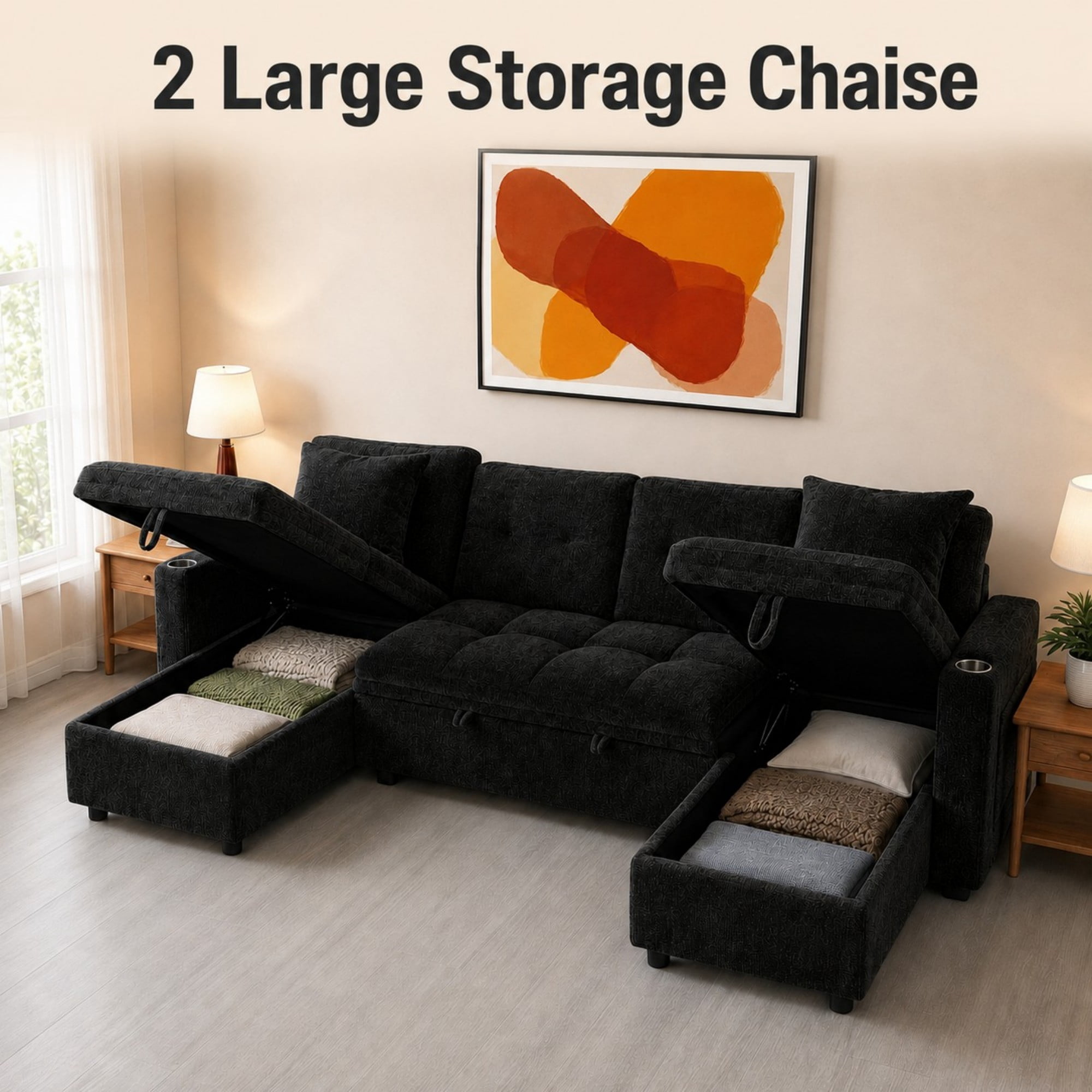DEALTOPS 108" Chenille U-Shaped Sectional Pull Out Sleeper Sofa Bed with Storage Chaise, USB & Tray Table, Black