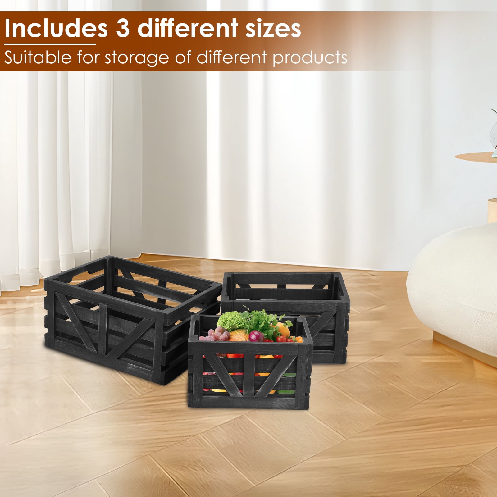 3 Pcs Wood Storage Crate Set Stackable Nesting Wooden Basket with Handles for Kitchen Fruit Vegetable Pantry Organization (black )