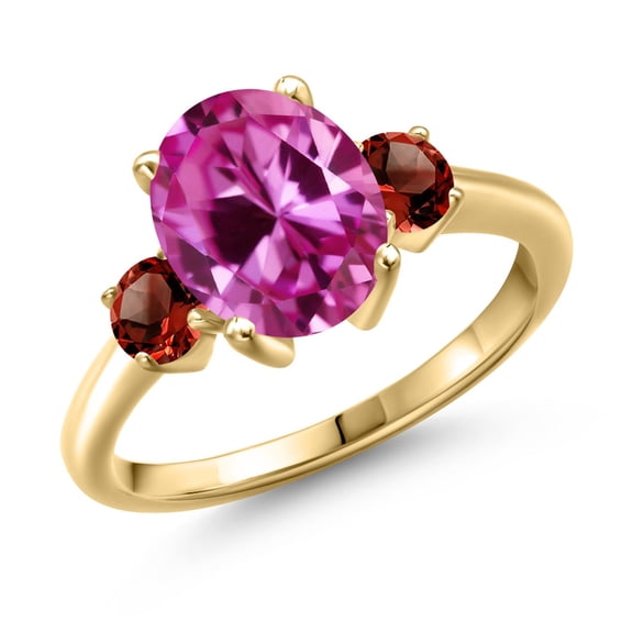 Gem Stone King 3.99 Ct Oval Pink Created Sapphire Red Garnet 18K Yellow Gold Plated Silver Ring (Size 9)