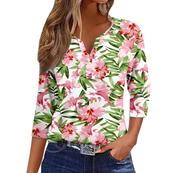 CONZONE Women's Summer T-Shirts 3/4 Sleeve T Shirts for Women Casual V Neck Floral Graphic Lightweight Tees Soft Cozy Dailywear