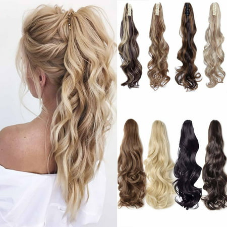 S-noilite Long Thick Claw Jaw Ponytail Big Wave Straight Clip in Pony Tail Hair Extension Extensions dark blonde mix bleach blonde,24