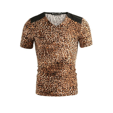Men Leopard Print V Neck T Shirt Short Sleeve Shoulder PU Panel T-Shirt ...