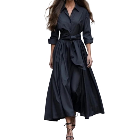 Women's Button Down T-Shirt Dress Casual High Low V Neck Loose Long Dress with Belts Black 2XL