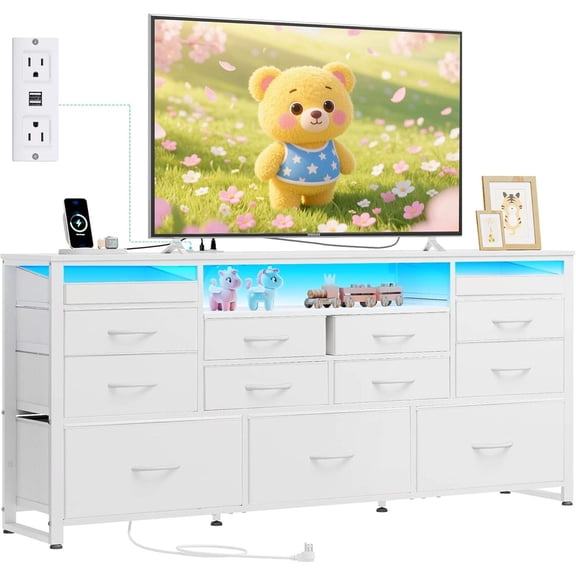 Long 13-Drawer Fabric and Wood Dresser with TV Stand Function, White