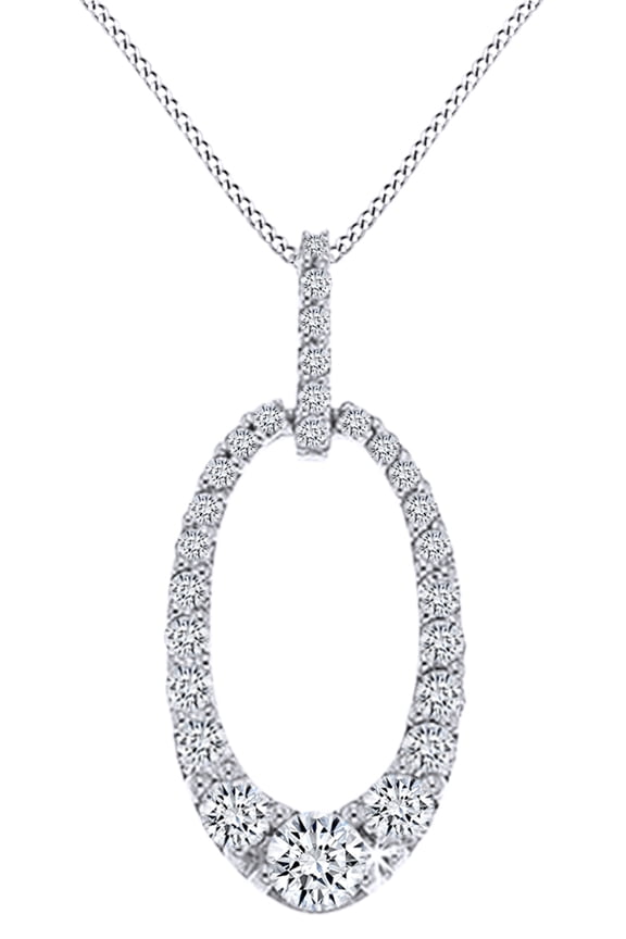 Round Shape White Diamond (0.82 Cttw) Oval Shaped Drop Pendant Necklace In 14K Solid White Gold