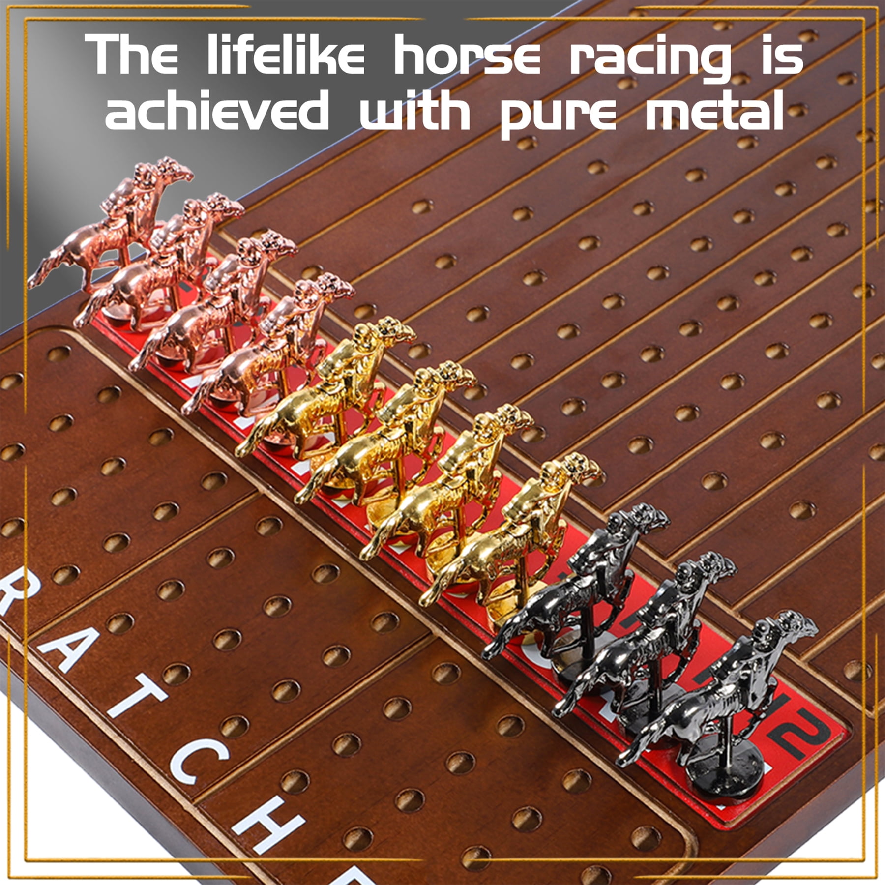 Grhonior Horse Race Board Game Racing Game Thickened Solid Wood with 11 Luxurious Durable Classic Metal Horses with 4 Dice and 2 Boxes of Cards Horse Racing Game (Walnut Color, Rectangle)