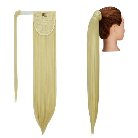 SHCKE 20"/28" Long Ponytail Extensions Synthetic Straight Hair Ponytail Drawstring Ponytail Clip in Hairpiece for Women - Bleach Blonde