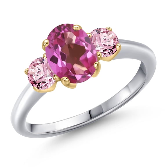 Gem Stone King 10K Two Tone Gold Pink Mystic Topaz and Pink Lab Grown Diamond Engagement Ring for Women | 1.80 Cttw | Oval 8X6MM | Gemstone November Birthstone | Size 9
