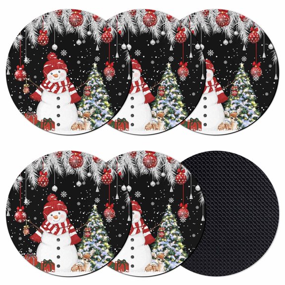 Black Christmas Coasters Set of 6, Absorbent Coasters for Drinks, Snowman Xmas Balls Pine Needle Tree Coaster for Desk Coffee Table Protection, Home Decor House Warming Gifts 4"