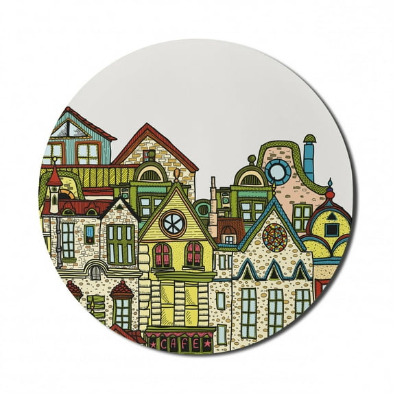 Cityscape Mouse Pad for Computers, Old Town Retro Art with Colorful Apartments Building Windows Balconies Chimneys, Round Non-Slip Thick Rubber Modern Mousepad, 8" Round, Green Beige, by Ambesonne