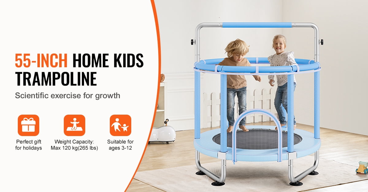 KFFKFF 55" Child's Trampoline, 4.6FT for Indoor and Outdoor Use, Petite Trampoline for Toddlers with Protective Mesh and Basketball Ring, Ideal Birthday and Christmas Presents for Kids Aged 3