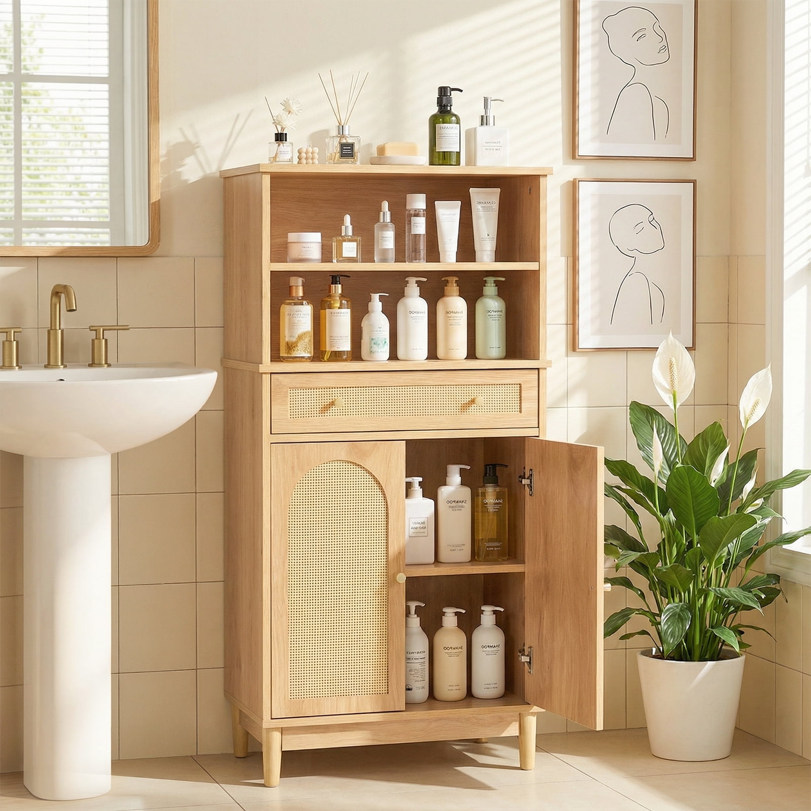 Ktaxon Freestanding Bathroom Floor Cabinet with Large Drawer, 2 Doors & Adjustable Shelves for Kitchen Living Room, Rattan